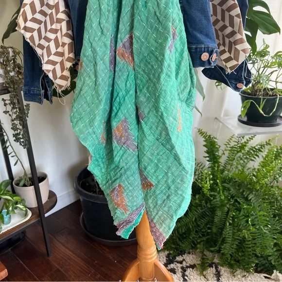 Wild Hope Upcycled Green Patterned Kantha Stretch Jean Jacket M - Picture 9 of 14